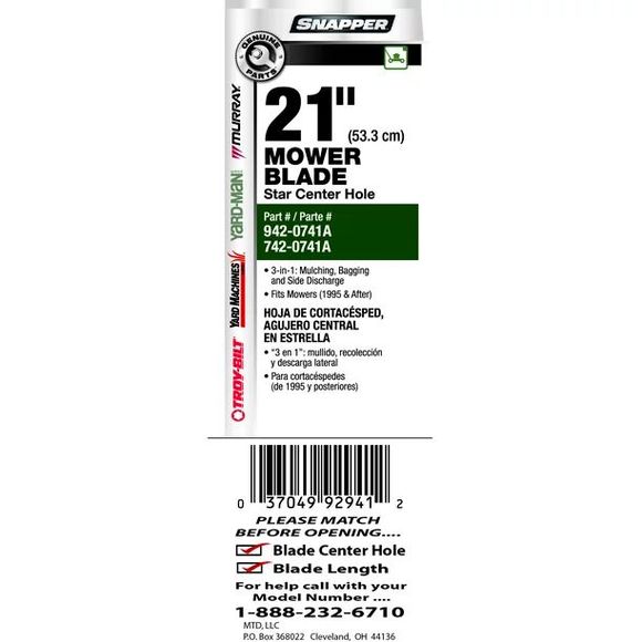 Snapper MTD 21” Inch Mower Blade 942-0741A 742-0741A Yard-Man Murray Troy-bilt - Picture 1 of 2